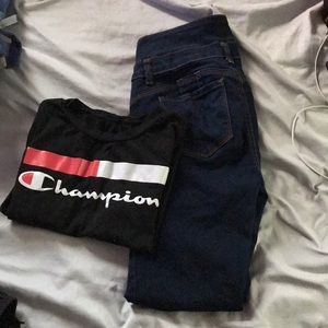 Champion tee and fashion nova jeans